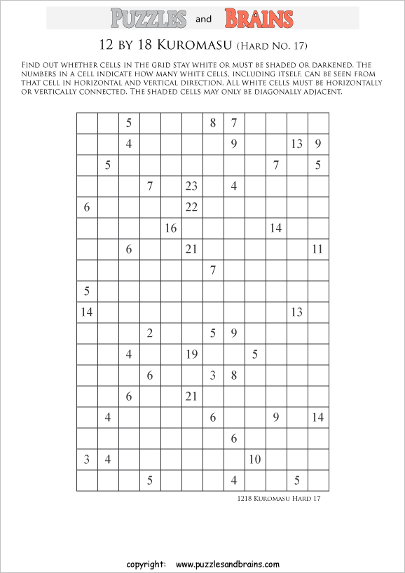 printable difficult level 12 by 18 Kuromasu logic puzzles for young and old