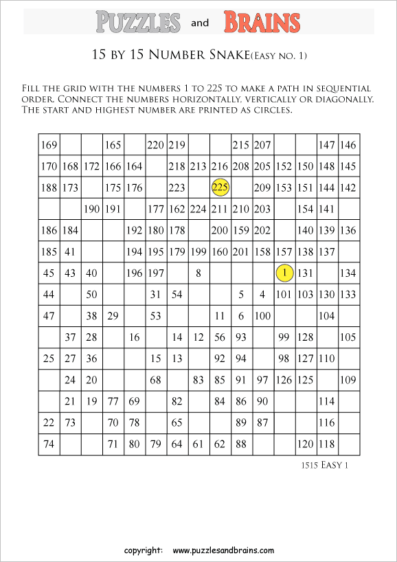 printable easier 15 by 15 Hidato Number Snake puzzles for young and old