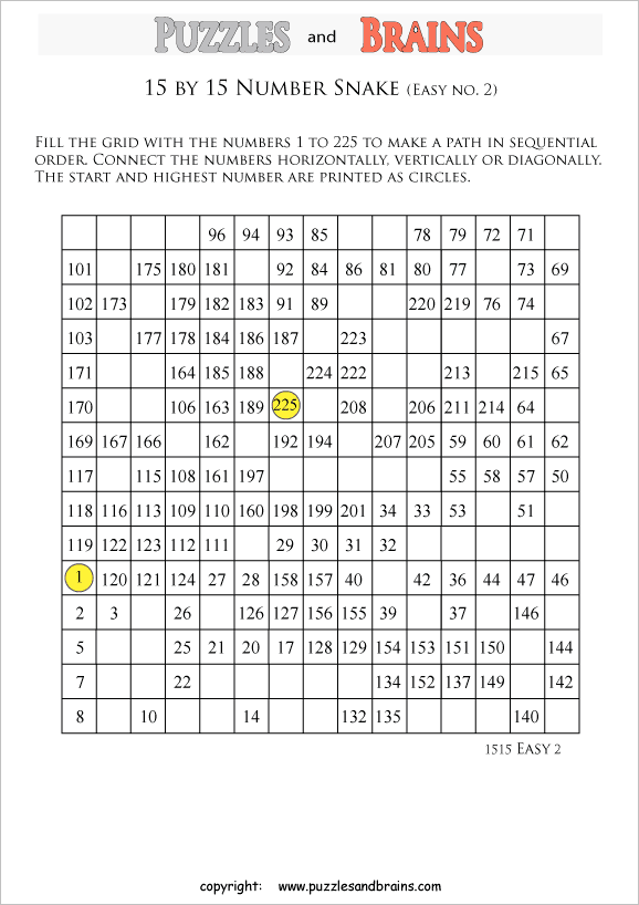 printable easier 15 by 15 Hidato Number Snake puzzles for young and old