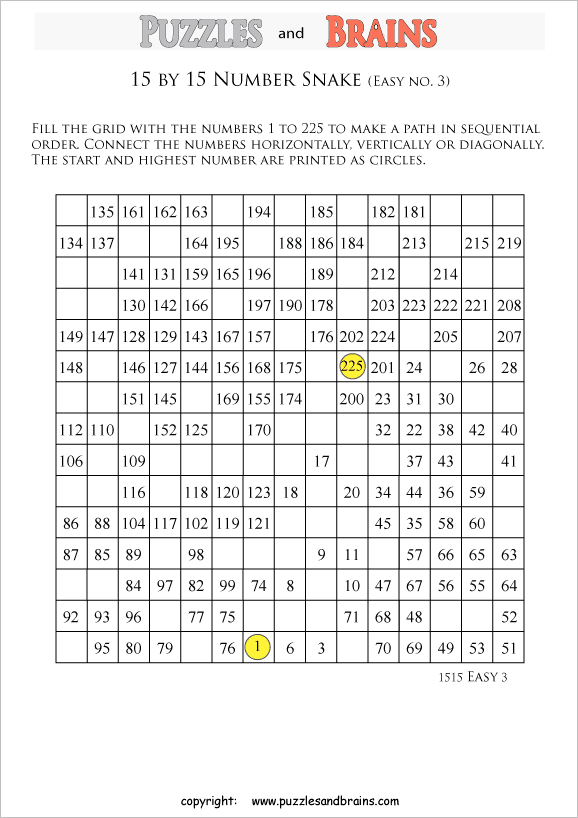 printable easier 15 by 15 Hidato Number Snake puzzles for young and old