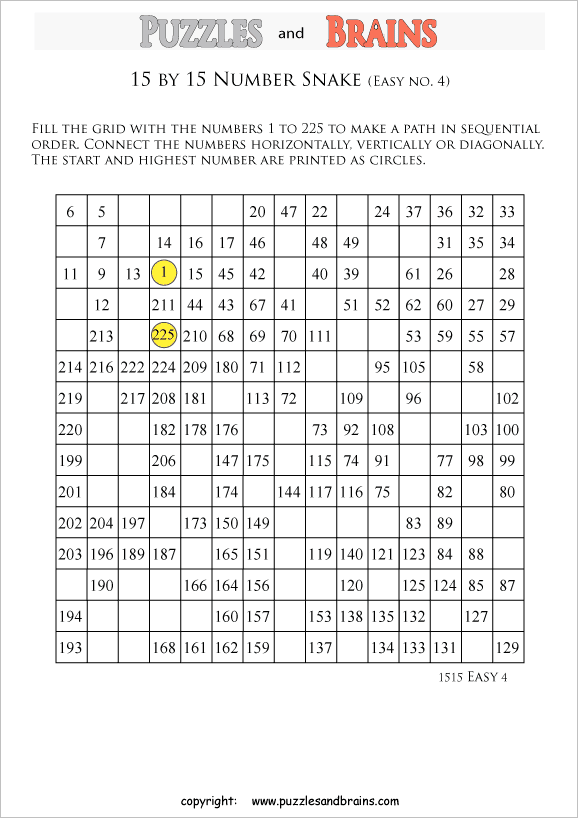 printable easier 15 by 15 Hidato Number Snake puzzles for young and old