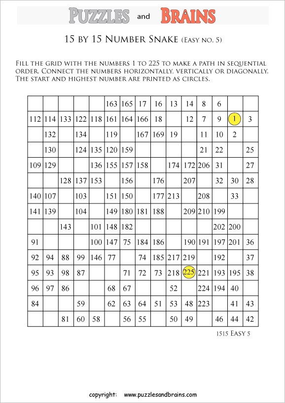 printable easier 15 by 15 Hidato Number Snake puzzles for young and old