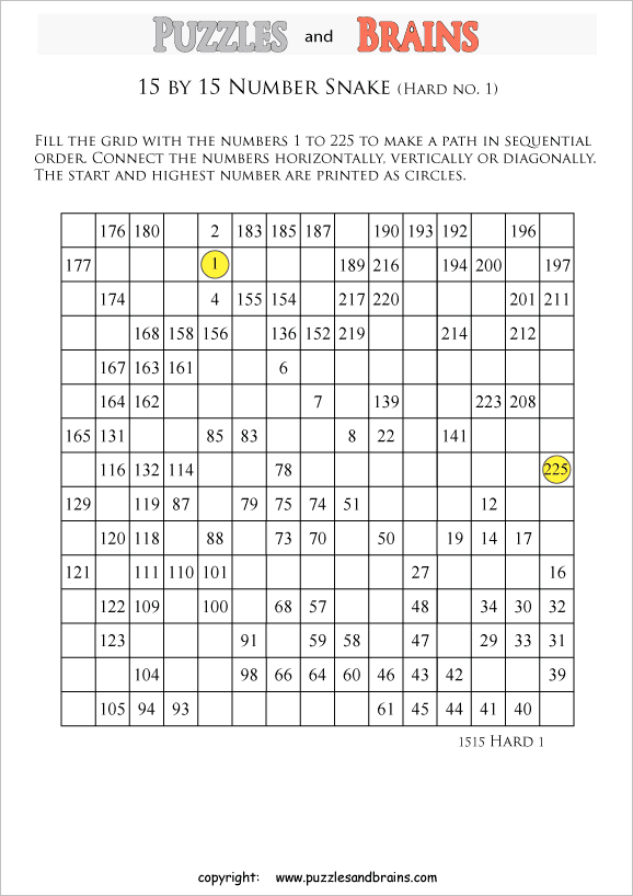Printable hard level 15 by 15 grid Hidato Number Snake logic puzzles ...