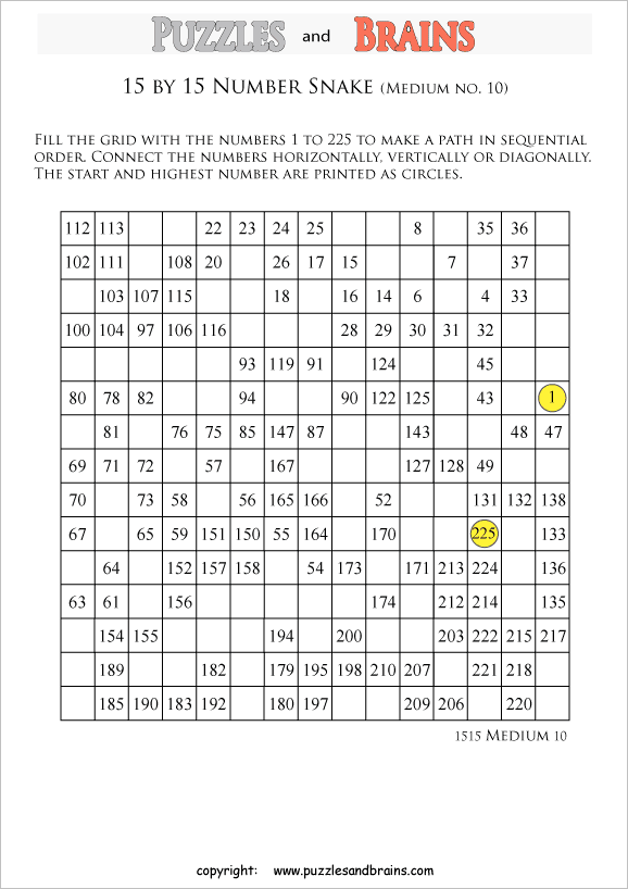 printable medium 15 by 15 Hidato Number Snake puzzles for young and old