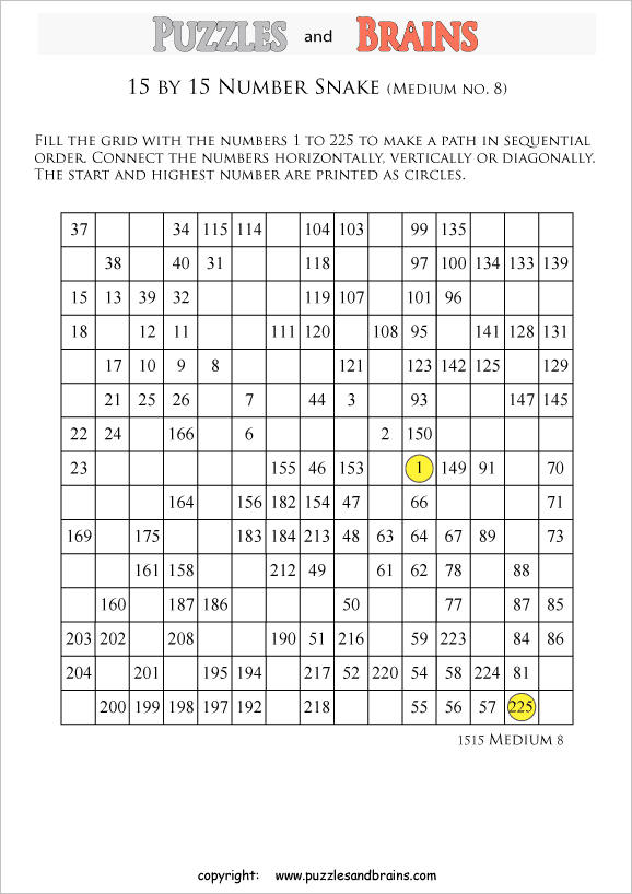 printable medium 15 by 15 Hidato Number Snake puzzles for young and old