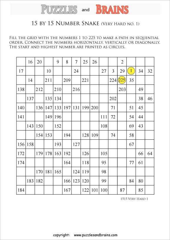 printable very difficult 15 by 15 Hidato Number Snake puzzles for young and old