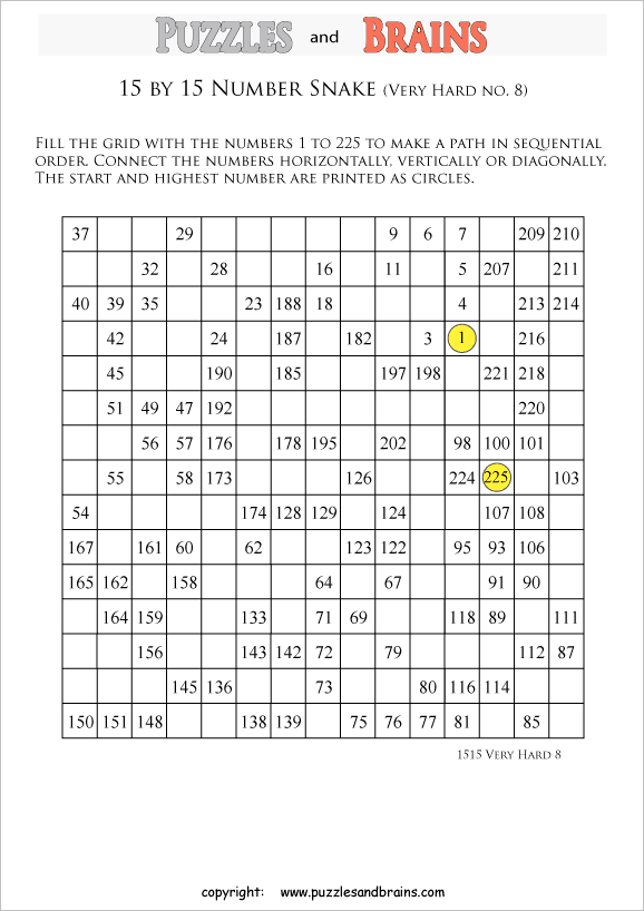 printable very difficult 15 by 15 Hidato Number Snake puzzles for young and old
