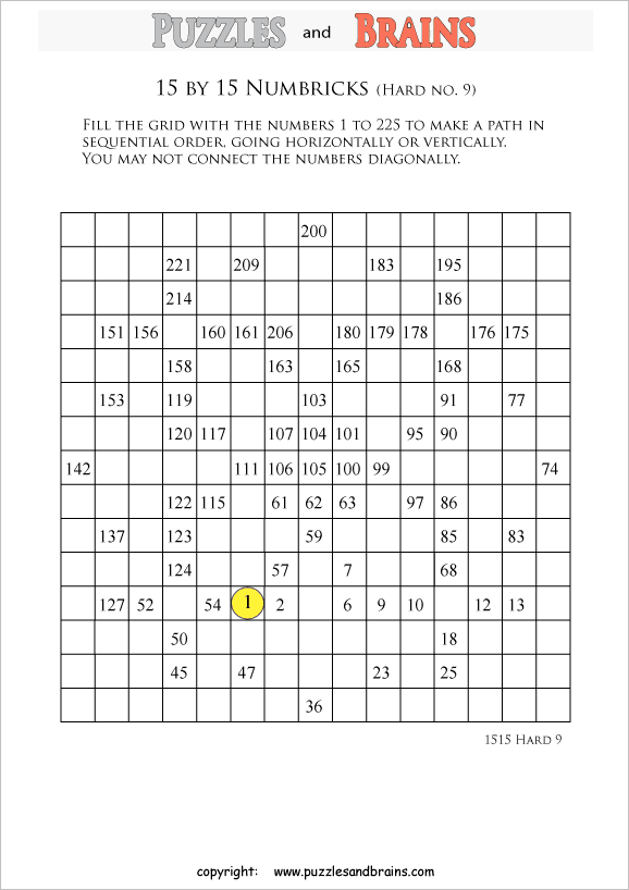 Printable 15 By 15 Difficult Level Numbrix Logic Puzzles For Kids And 