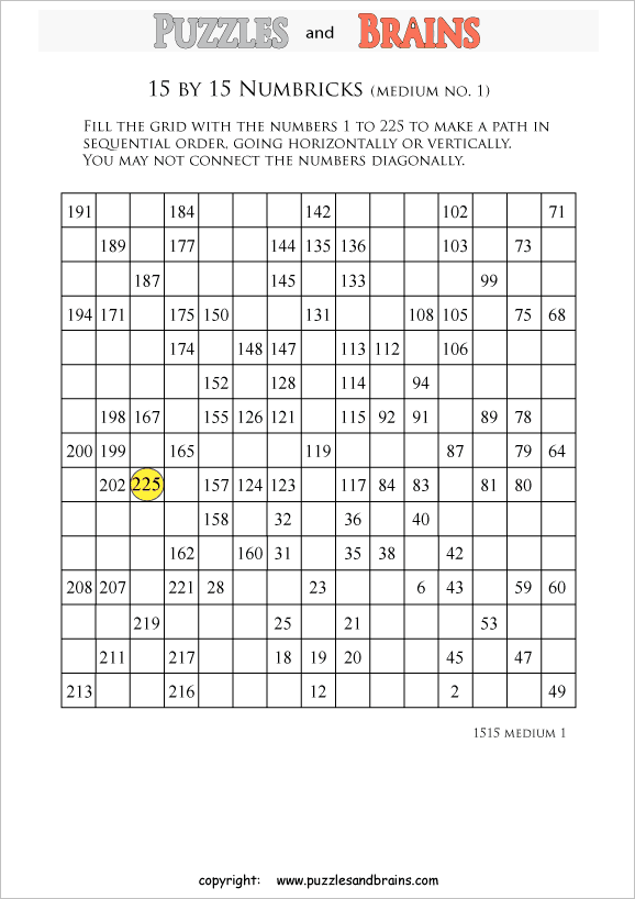 Printable 15 by 15 medium level Numbrix logic puzzles for kids and adults