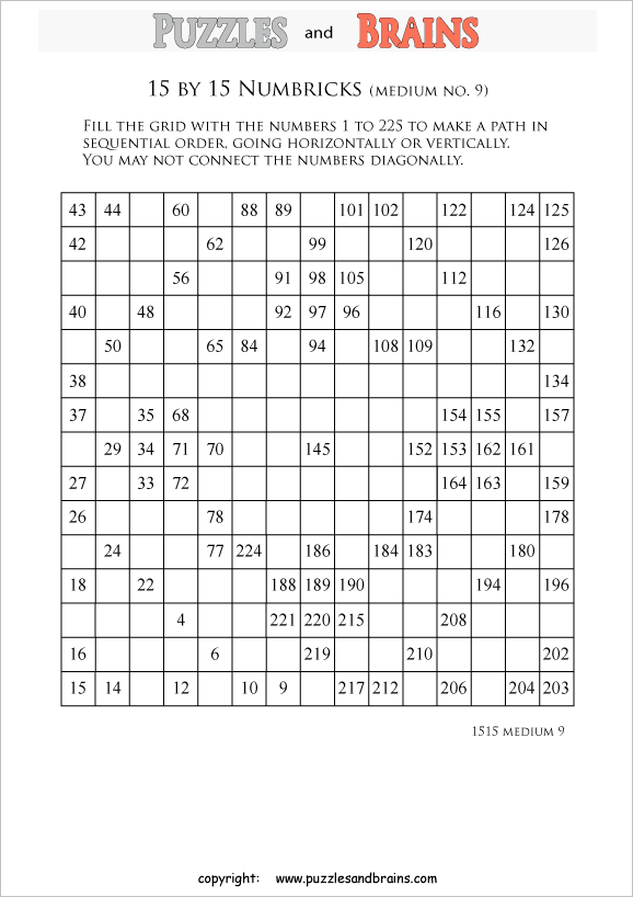 Printable 15 by 15 medium level Numbrix logic puzzles for kids and adults
