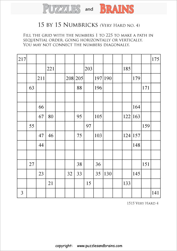 printable 15 by 15 very hard level Numbrix logic IQ puzzles