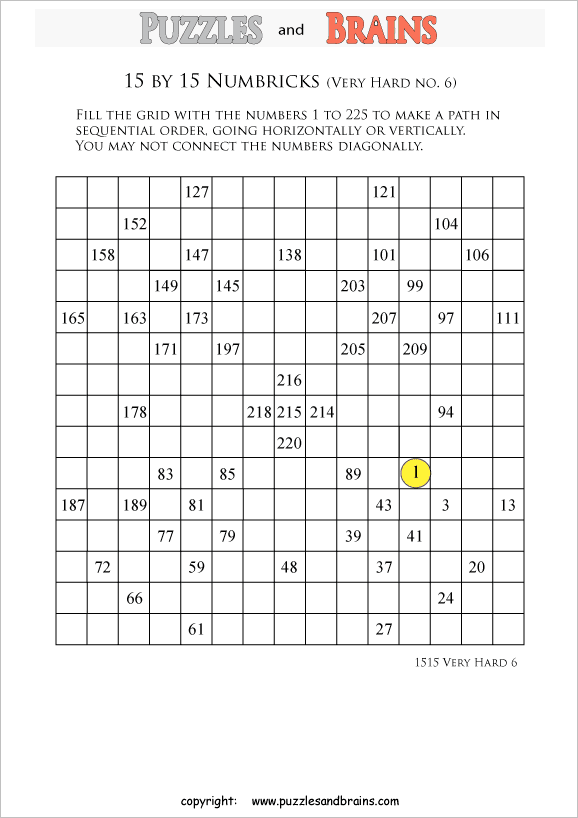 printable 15 by 15 very hard level Numbrix logic IQ puzzles