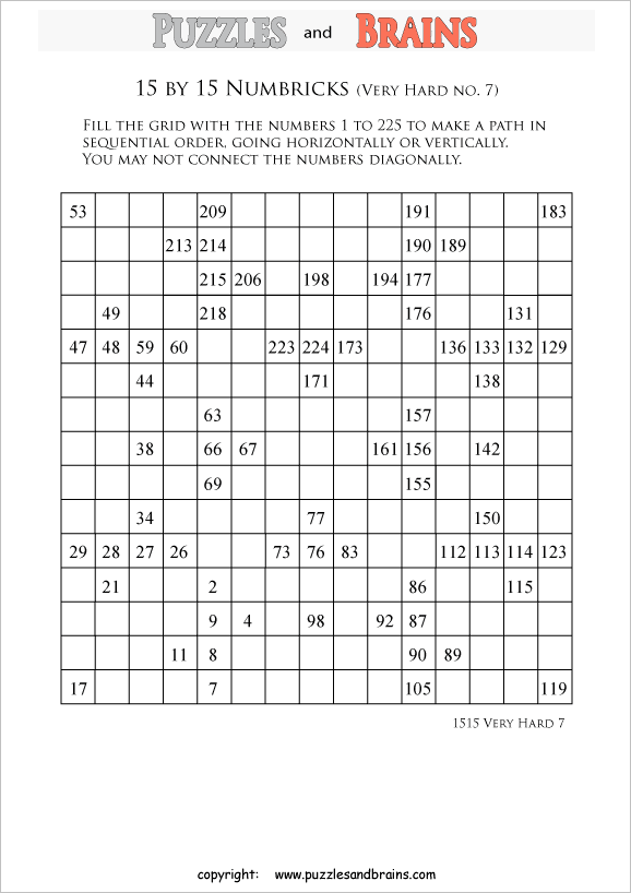 Printable 15 By 15 Very Difficult Level Numbrix Logic Puzzles For Kids 