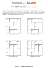 printable 4 by 4 easier Mathdoku, KenKen-like, math puzzles for young and old