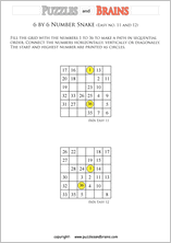 printable easier 6 by 6 Hidato Number Snake puzzles for young and old