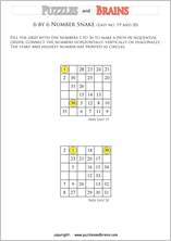 printable easier 6 by 6 Hidato Number Snake puzzles for young and old