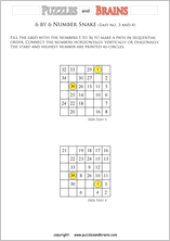 printable easier 6 by 6 Hidato Number Snake puzzles for young and old