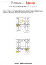 printable easier 6 by 6 Hidato Number Snake puzzles for young and old