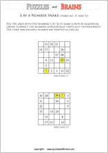 printable difficult 6 by 6 Hidato Number Snake puzzles for young and old