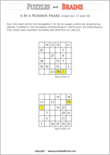 printable difficult 6 by 6 Hidato Number Snake puzzles for young and old