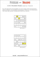 printable difficult 6 by 6 Hidato Number Snake puzzles for young and old