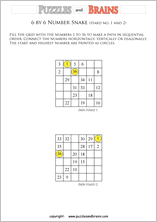 printable difficult 6 by 6 Hidato Number Snake puzzles for young and old