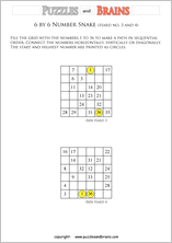 printable difficult 6 by 6 Hidato Number Snake puzzles for young and old