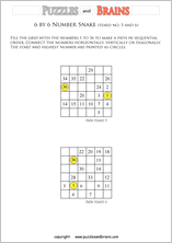 printable difficult 6 by 6 Hidato Number Snake puzzles for young and old