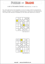 printable medium 6 by 6 Hidato Number Snake puzzles for young and old