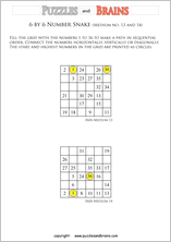 printable medium 6 by 6 Hidato Number Snake puzzles for young and old