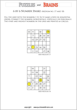 printable medium 6 by 6 Hidato Number Snake puzzles for young and old