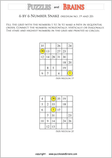 printable medium 6 by 6 Hidato Number Snake puzzles for young and old