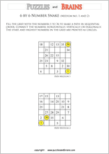 printable medium 6 by 6 Hidato Number Snake puzzles for young and old