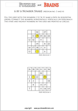 printable medium 6 by 6 Hidato Number Snake puzzles for young and old