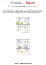 printable medium 6 by 6 Hidato Number Snake puzzles for young and old