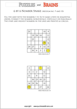 printable medium 6 by 6 Hidato Number Snake puzzles for young and old