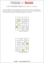 printable very difficult 6 by 6 Hidato Number Snake puzzles for young and old