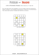 printable very difficult 6 by 6 Hidato Number Snake puzzles for young and old