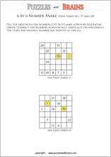 printable very difficult 6 by 6 Hidato Number Snake puzzles for young and old