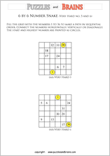 printable very difficult 6 by 6 Hidato Number Snake puzzles for young and old