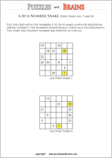 printable very difficult 6 by 6 Hidato Number Snake puzzles for young and old