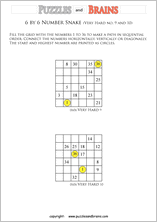 printable very difficult 6 by 6 Hidato Number Snake puzzles for young and old