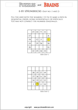 printable easier 6 by 6 Numbrix Number Snake puzzles for young and old