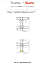 printable easier 6 by 6 Numbrix Number Snake puzzles for young and old