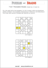 printable difficult 7 by 7 Hidato Number Snake puzzles for young and old