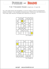 printable difficult 7 by 7 Hidato Number Snake puzzles for young and old