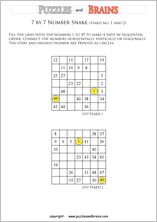 printable difficult 7 by 7 Hidato Number Snake puzzles for young and old