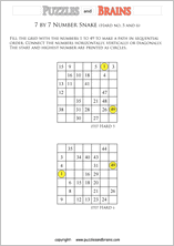 printable difficult 7 by 7 Hidato Number Snake puzzles for young and old