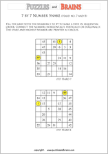 printable difficult 7 by 7 Hidato Number Snake puzzles for young and old