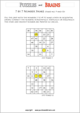 printable difficult 7 by 7 Hidato Number Snake puzzles for young and old